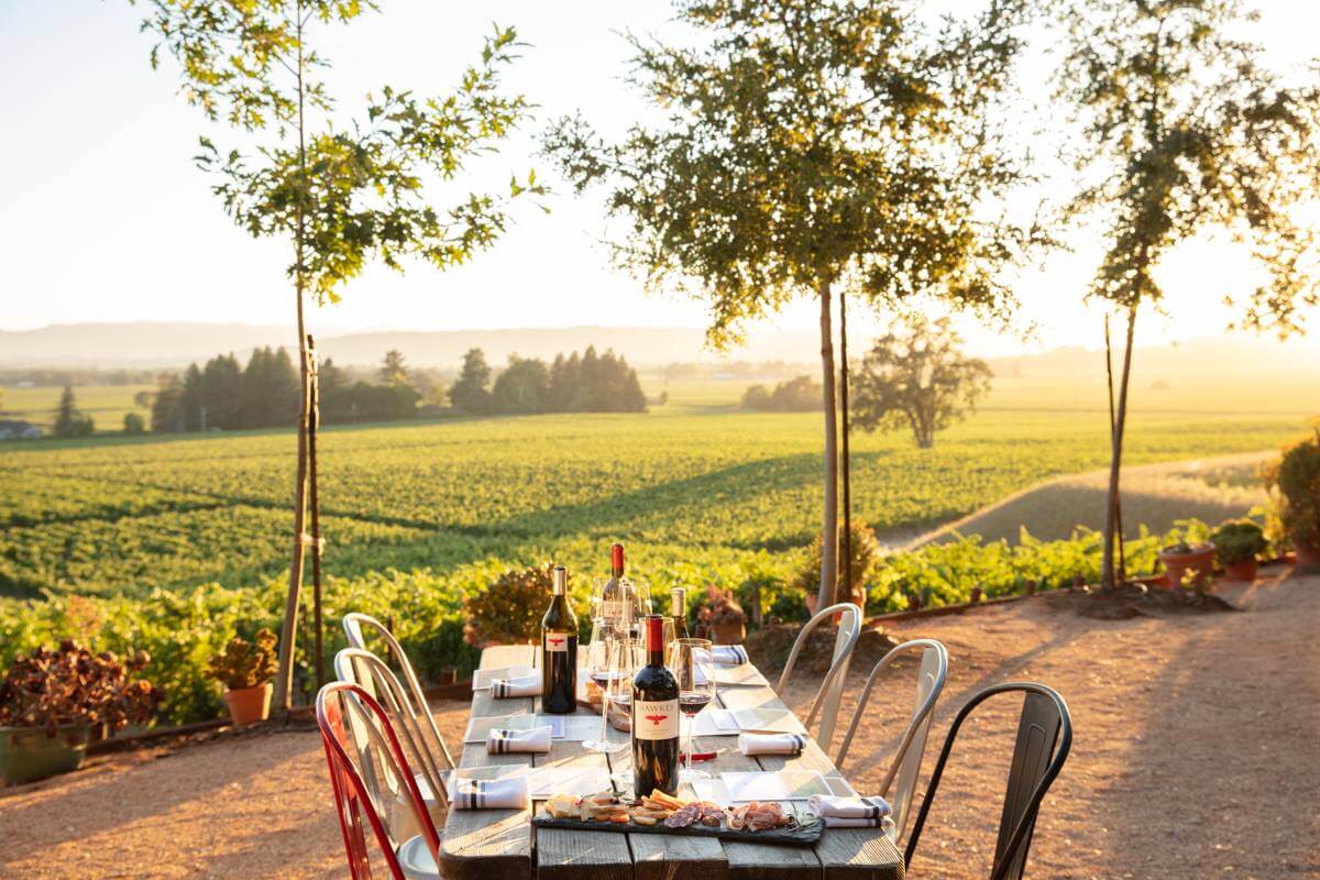 Hawkes Wine A wooden table set with wine bottles, glasses, and food overlooks a vast vineyard at sunset in Healdsburg, California.