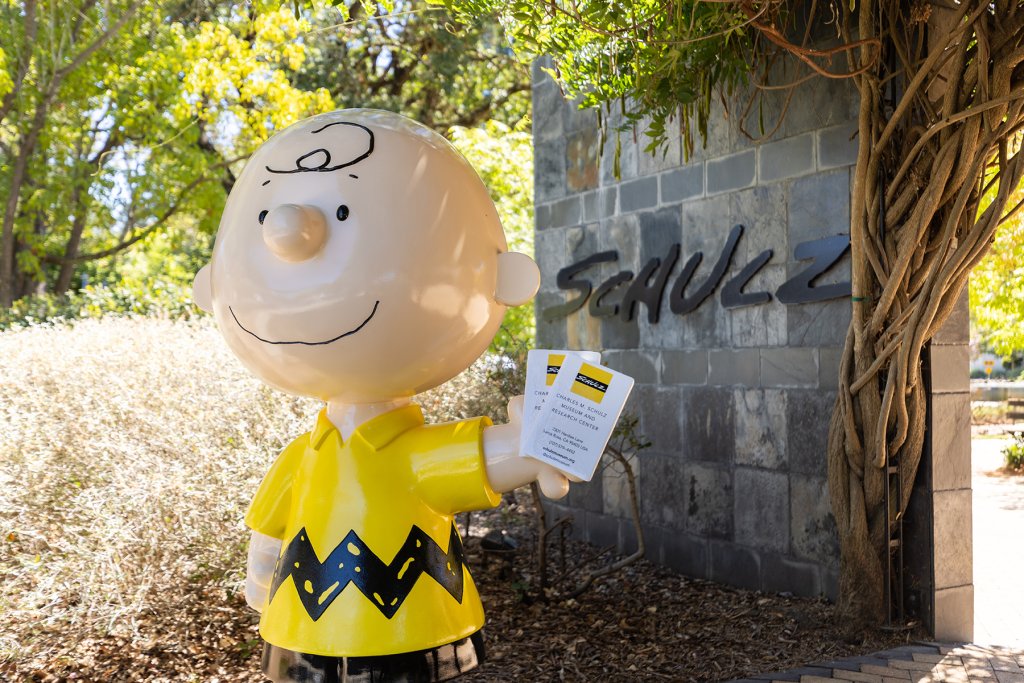 A large statue of Charlie Brown's friend, holding pamphlets near a stone wall in Healdsburg, California.