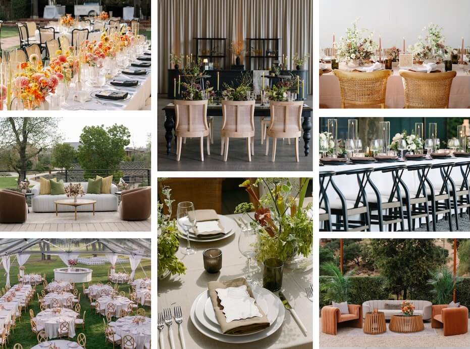 Encore Events Rentals A collection of nine images showcasing various elegant event settings and table arrangements in Healdsburg, California.