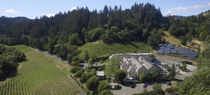 Aerial view of a vineyard with a large house, solar panels, and lush green fields surrounded by dense forest in Healdsburg, California.