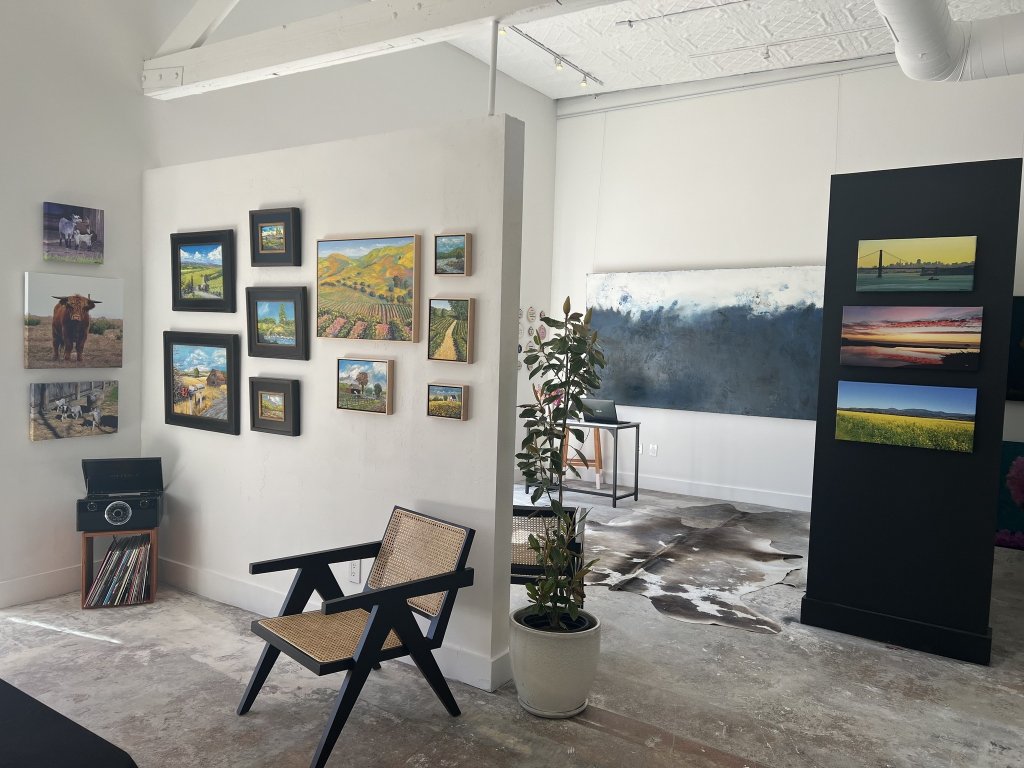 Art gallery with abstract and landscape paintings, wicker chair, potted plant, and vintage camera in Healdsburg, California.
