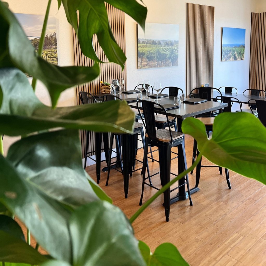 A modern restaurant interior with black metal tables and chairs, wooden floors, and large green plants in Healdsburg, California.