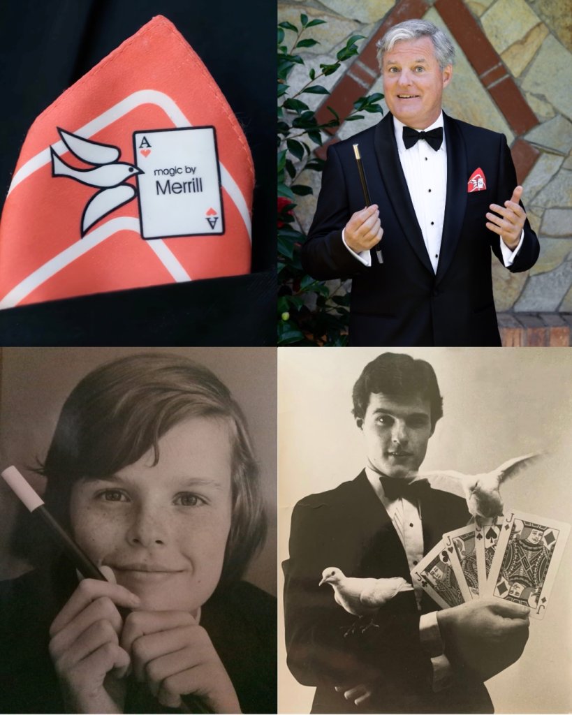 A collage featuring a young magician, a vintage black and white photo, a playing card handkerchief, and a modern magician performing in Healdsburg, California.