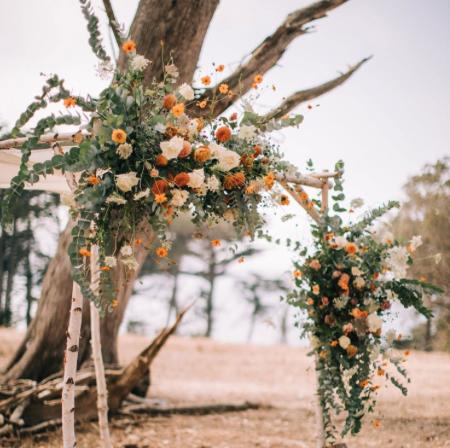Immersive Farm + Floral Design at Hotel Healdsburg A rustic floral archway made of tree branches adorned with white and orange flowers in Healdsburg, California.