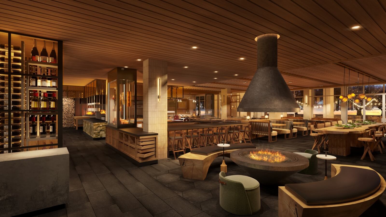 Folia Bar & Kitchen Modern rustic restaurant with central fireplace, wooden decor, and wine display in Healdsburg, California.