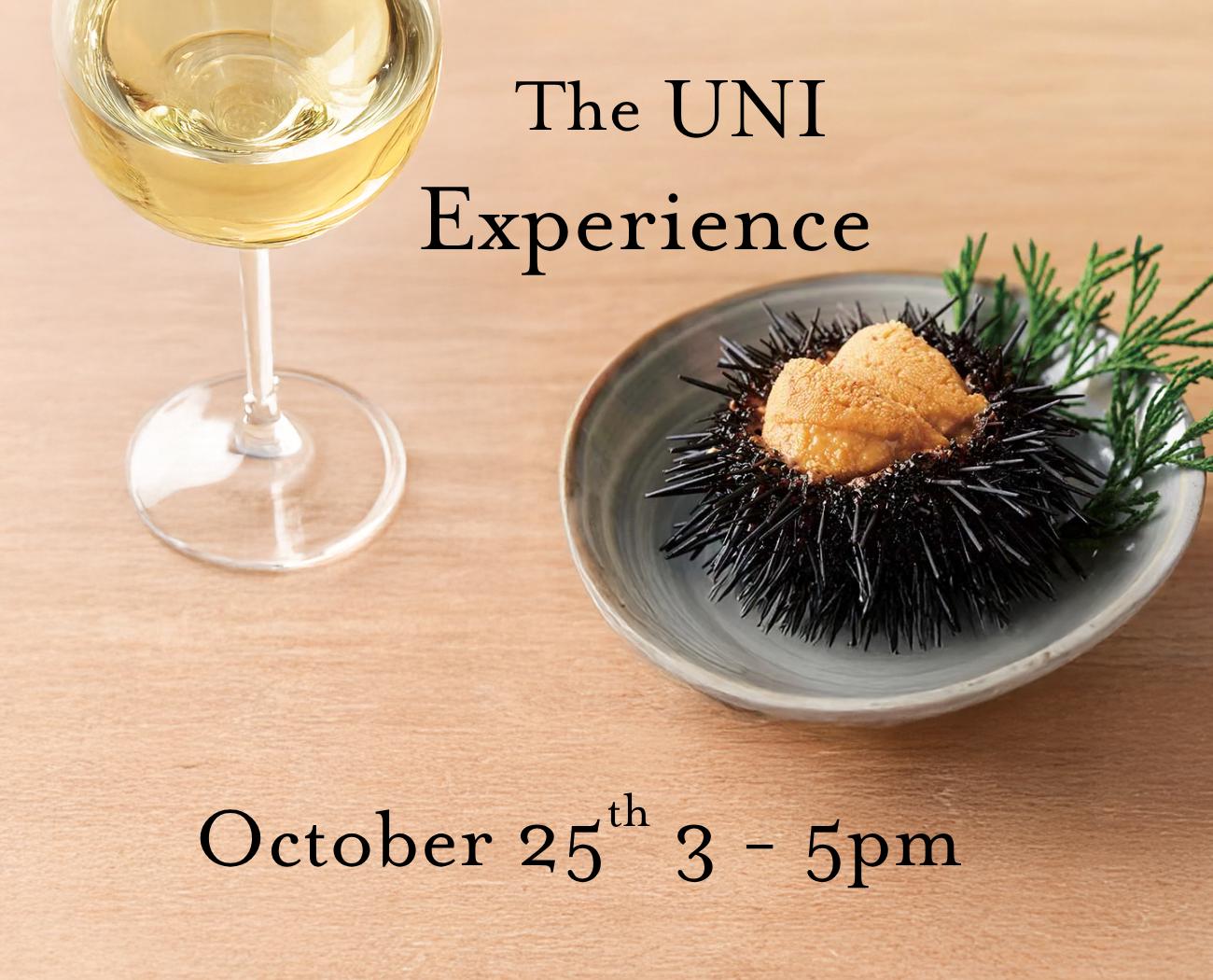 A glass of white wine and a plate with a sea urchin dish garnished with greens in Healdsburg, California.