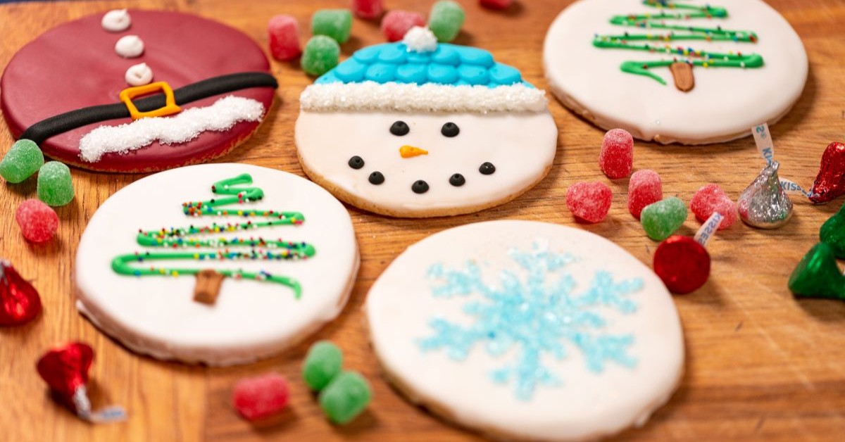 Costeaux French Bakery Holiday Menu Favorites Assorted holiday-themed cookies decorated with colorful icing and candies in Healdsburg, California.