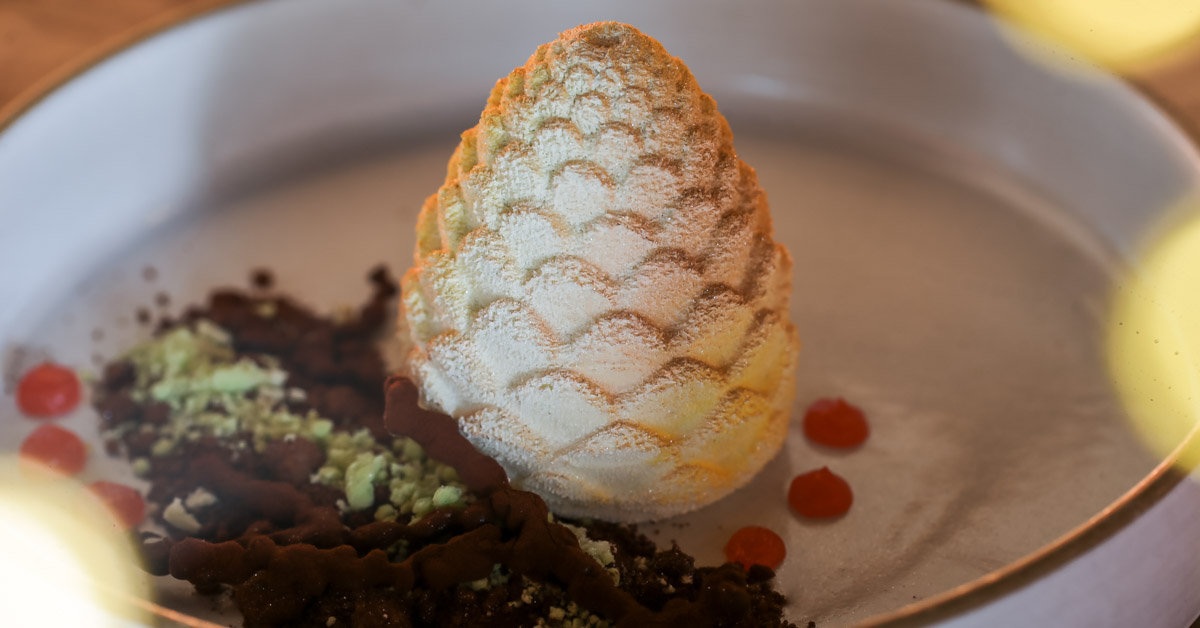 A delicate, snowflake-patterned dessert cone sits on a plate with red berries and chocolate shavings in Healdsburg, California.