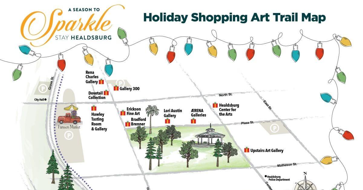 Holiday Shopping Trail Map: Art Gifts Under $300 Holiday shopping art trail map of Healdsburg with galleries, parks, and a gazebo in Healdsburg, California.