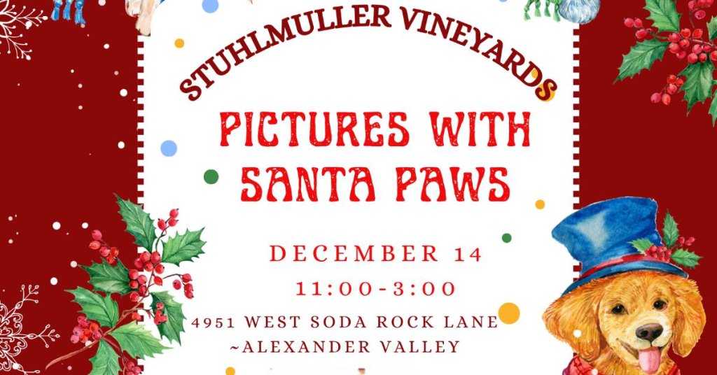 A festive poster advertises a Christmas event with Santa Claus and dogs at a vineyard in Healdsburg, California.