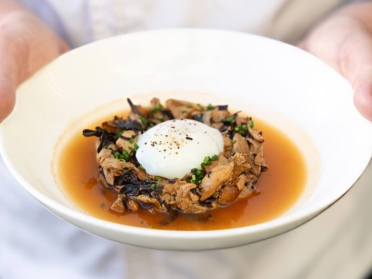 Wine Country Mushroom Foraging Adventure A white bowl held by hands contains a savory dish with a poached egg and mushroom sauce in Healdsburg, California.