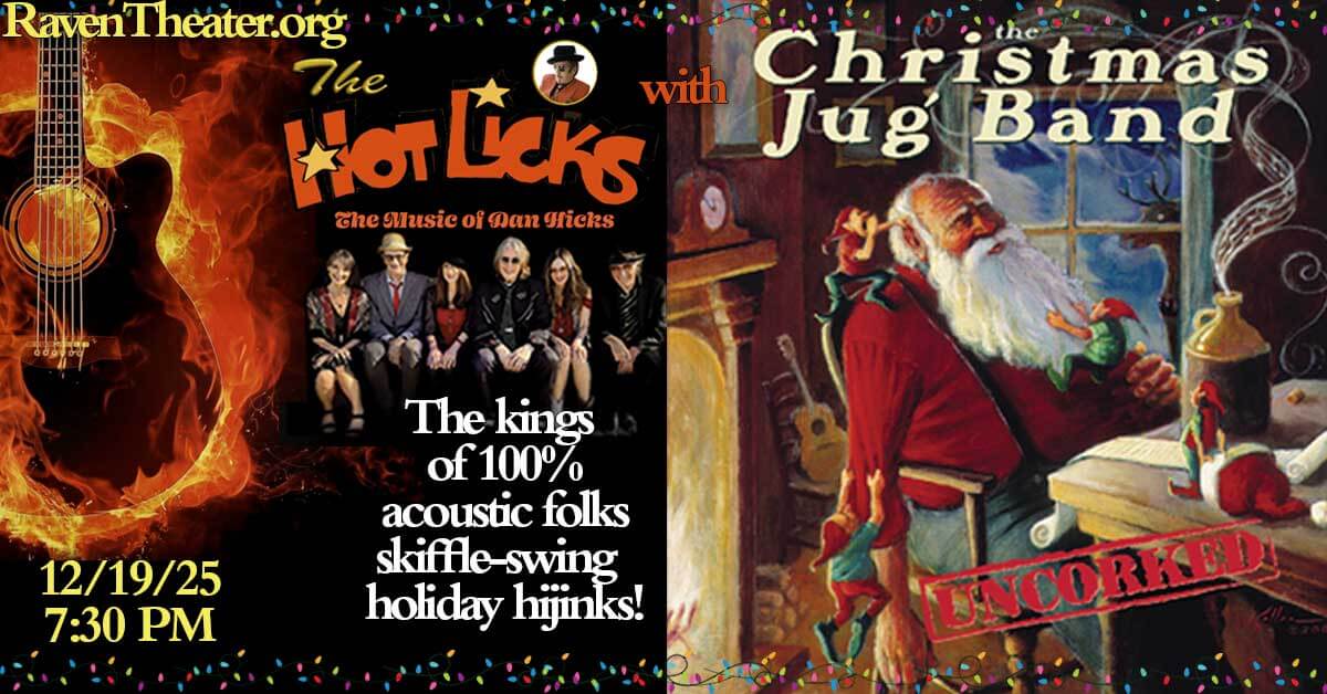 Two concert posters: one for 'The Hot Licks' with a fiery guitar, the other for 'The Christmas Jug Band' with Santa Claus in Healdsburg, California.