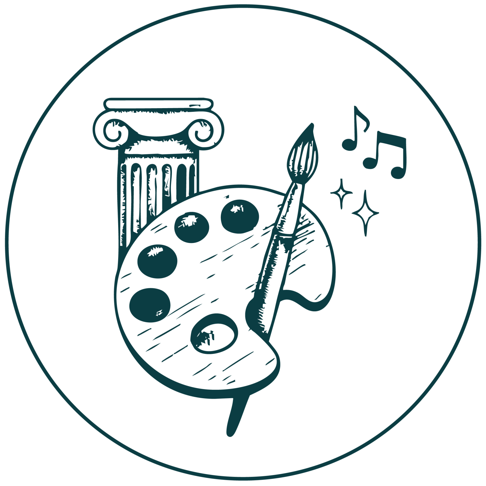 An artist's palette with paintbrush and musical notes, symbolizing creativity in Healdsburg, California.