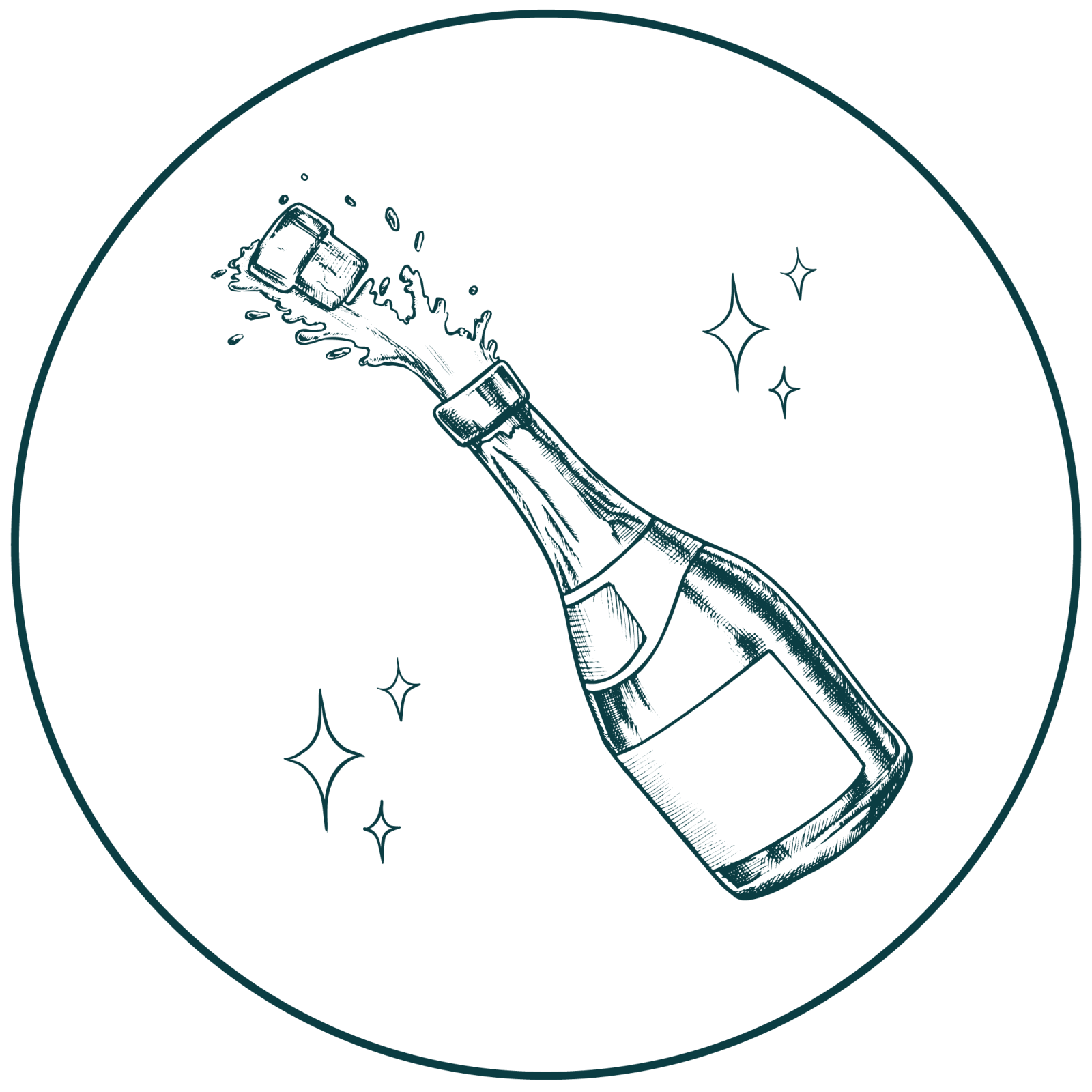 A stylized illustration of a champagne bottle with a cork popping, surrounded by stars in Healdsburg, California.