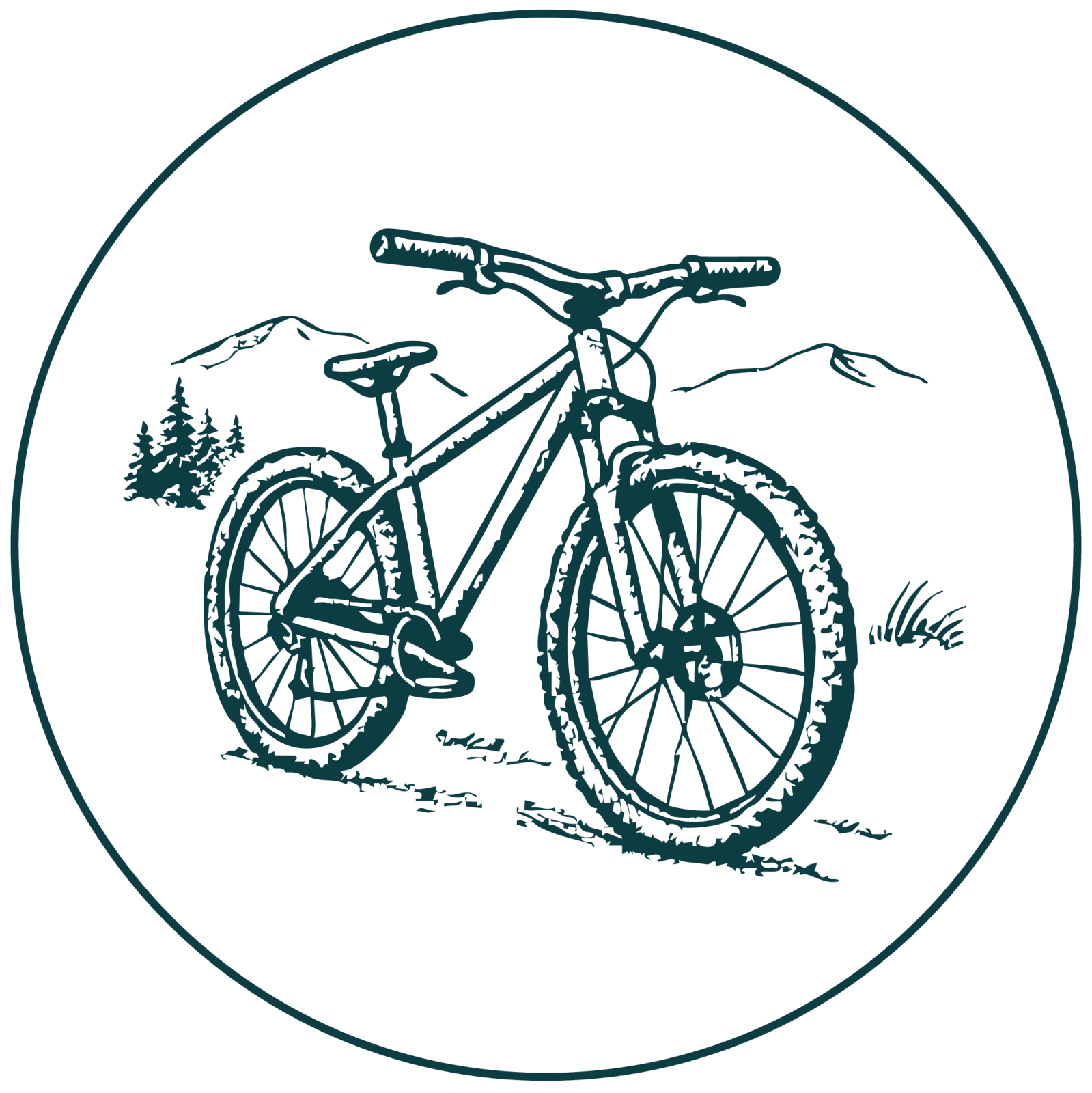A stylized illustration of a mountain bike on a trail with mountains and trees in the background in Healdsburg, California.