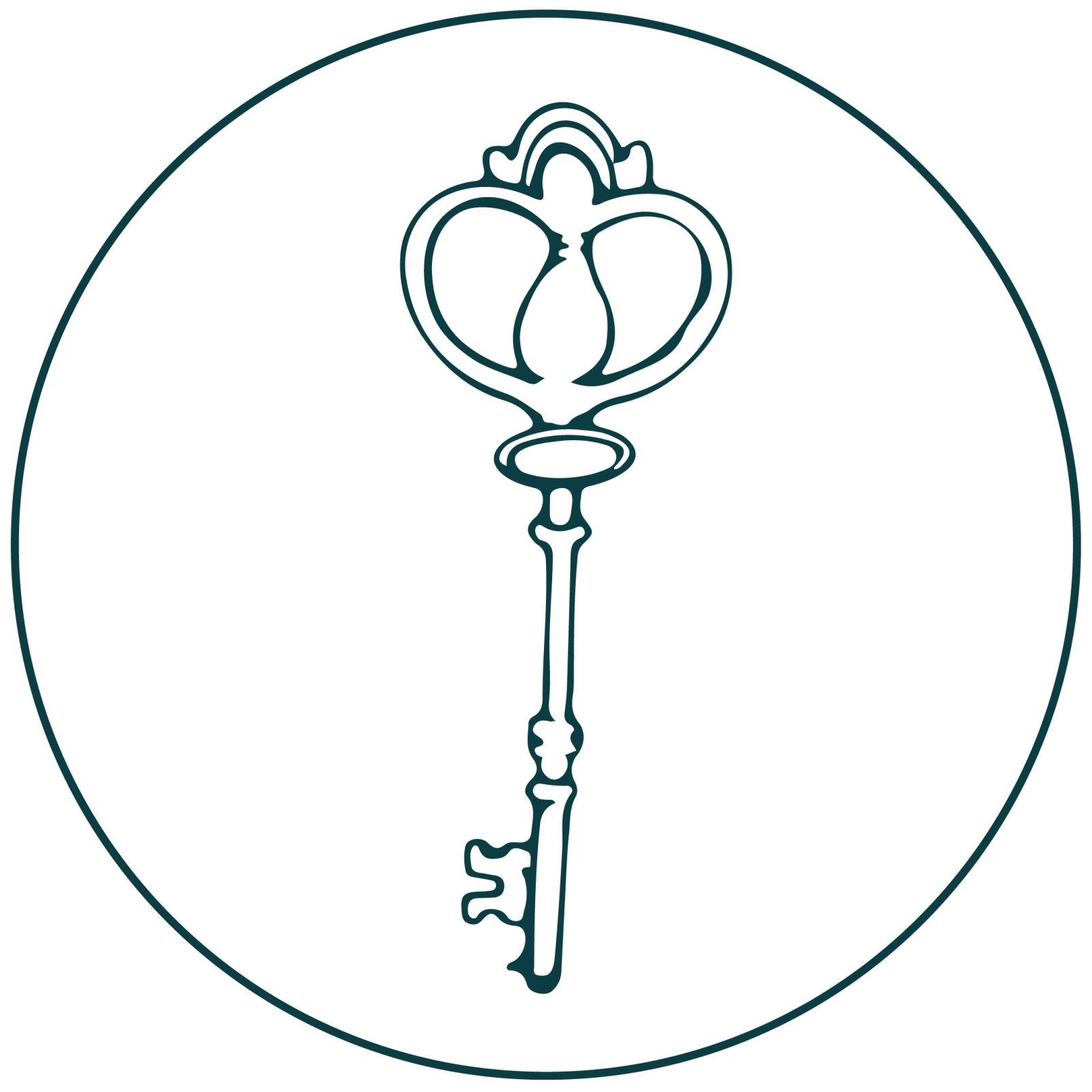 A stylized, teal-colored key with intricate details inside a circular border in Healdsburg, California.