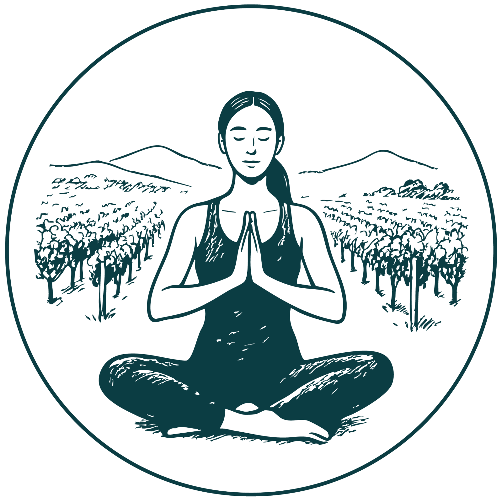 A serene woman meditates in a lotus position amidst a tranquil vineyard landscape in Healdsburg, California.