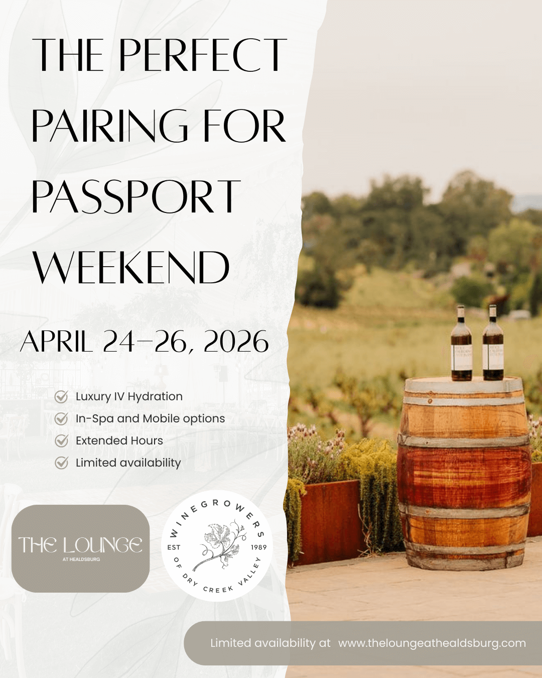 Wine tasting event advertisement featuring a wooden barrel with bottles and a vineyard backdrop in Healdsburg, California.