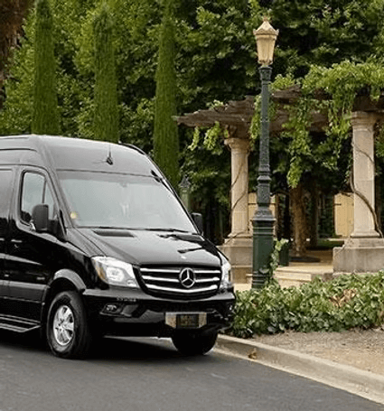 A sleek black Mercedes-Benz van is parked on a paved road, surrounded by lush greenery and elegant stone pillars in Healdsburg, California.