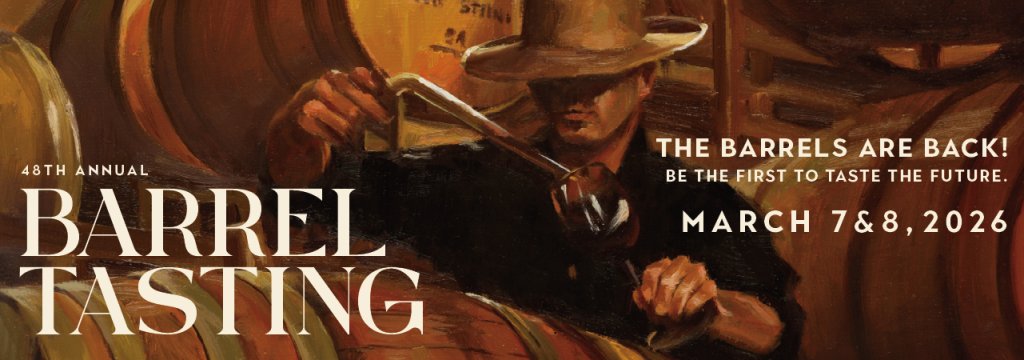 A man in a cowboy hat pours wine from a barrel into a glass during the 48th Annual Barrel Tasting event, March 7-8, 2026 in Healdsburg, California.