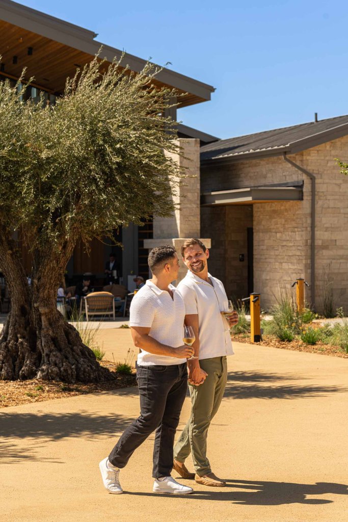 Two men in white shirts and dark pants walk hand in hand along a paved path, each holding a glass of wine, with a modern building and an olive tree in the background in Healdsburg, California.