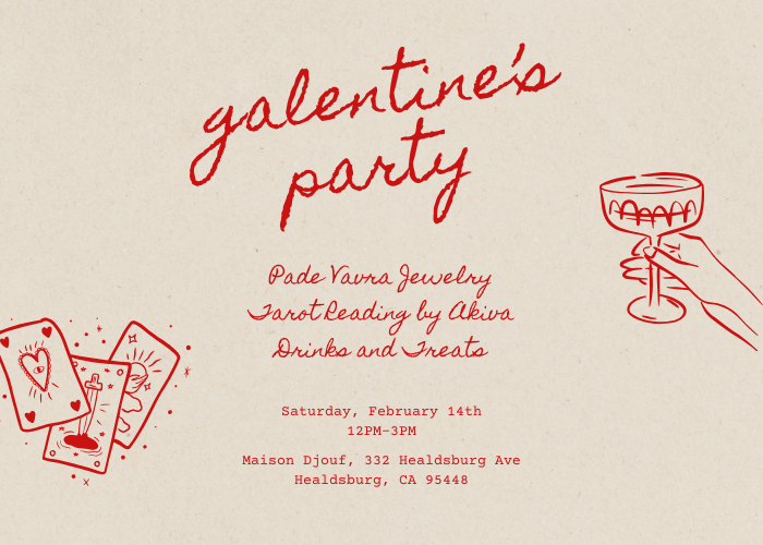 Galentine's Day party invitation featuring tarot cards, a champagne flute, and heart-shaped confetti in Healdsburg, California.