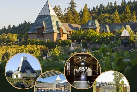 A picturesque resort with distinctive architecture nestled among lush greenery and vineyards in Healdsburg, California.