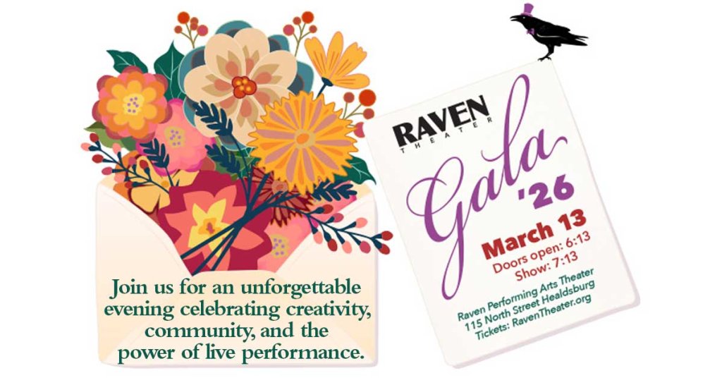 A vibrant floral arrangement alongside a gala invitation for an unforgettable evening celebrating creativity, community, and live performance at the Raven Theater in Healdsburg, California.