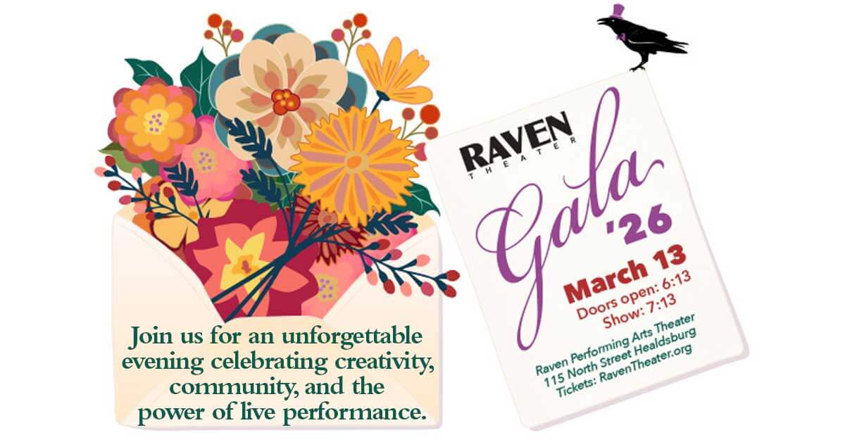 A vibrant floral arrangement alongside a gala invitation for an unforgettable evening celebrating creativity, community, and live performance at the Raven Theater in Healdsburg, California.