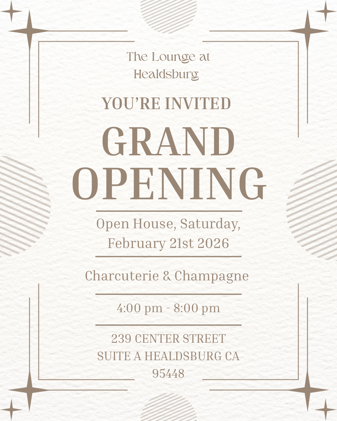 Elegant invitation to the grand opening of The Lounge at Healdsburg, featuring charcuterie and champagne on February 21st, 2026 in Healdsburg, California.