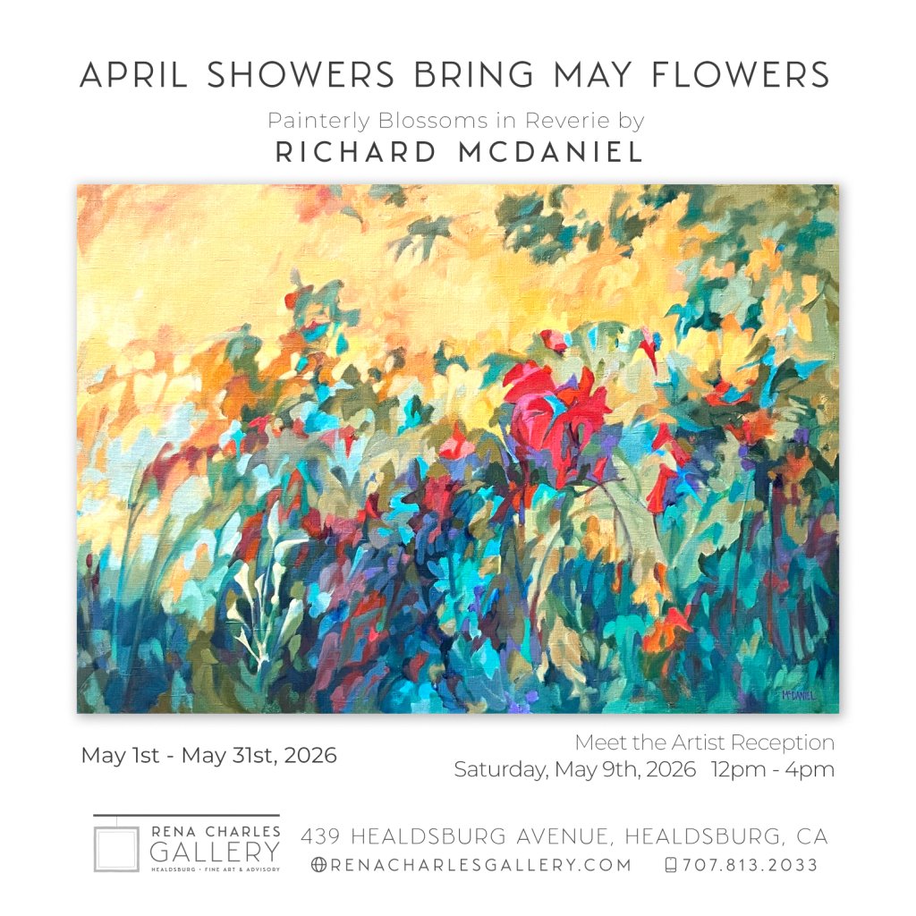 A vibrant abstract painting of a floral landscape with splashes of yellow, red, blue, and green in Healdsburg, California.