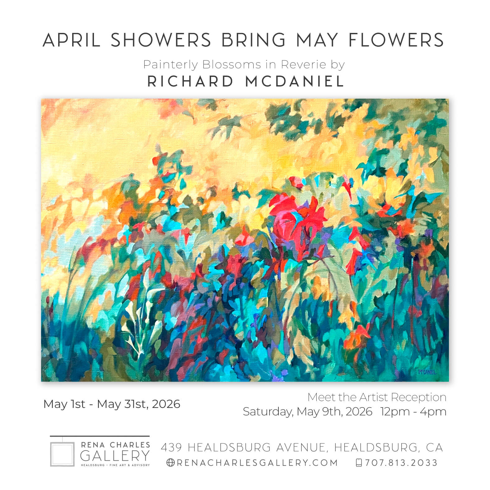 A vibrant abstract painting of a floral landscape with splashes of yellow, red, blue, and green in Healdsburg, California.