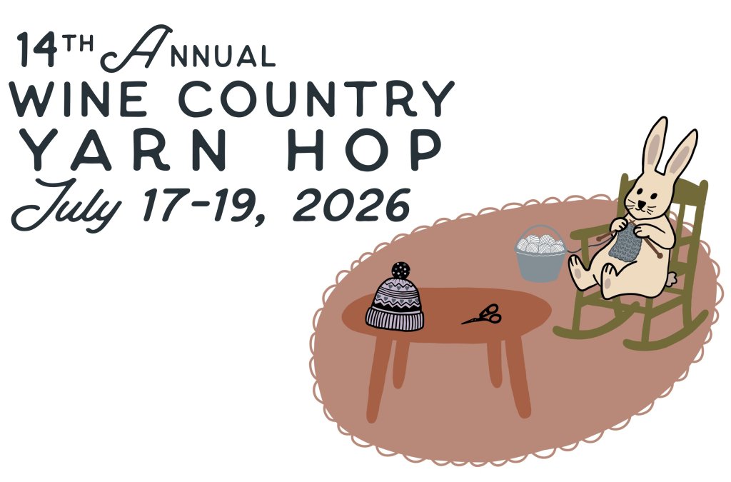 A cartoon rabbit knitting a hat while sitting in a rocking chair at a yarn festival in Healdsburg, California.
