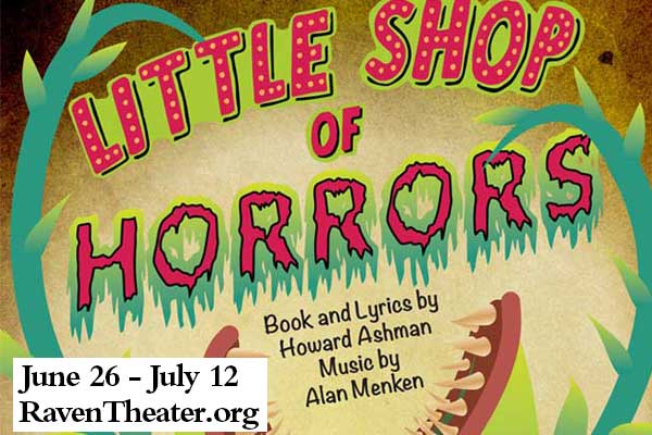 A vibrant poster for 'Little Shop of Horrors' with a carnivorous plant and the show's dates in Healdsburg, California.