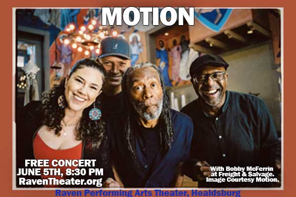Four musicians smiling and posing together for a concert poster in Healdsburg, California.