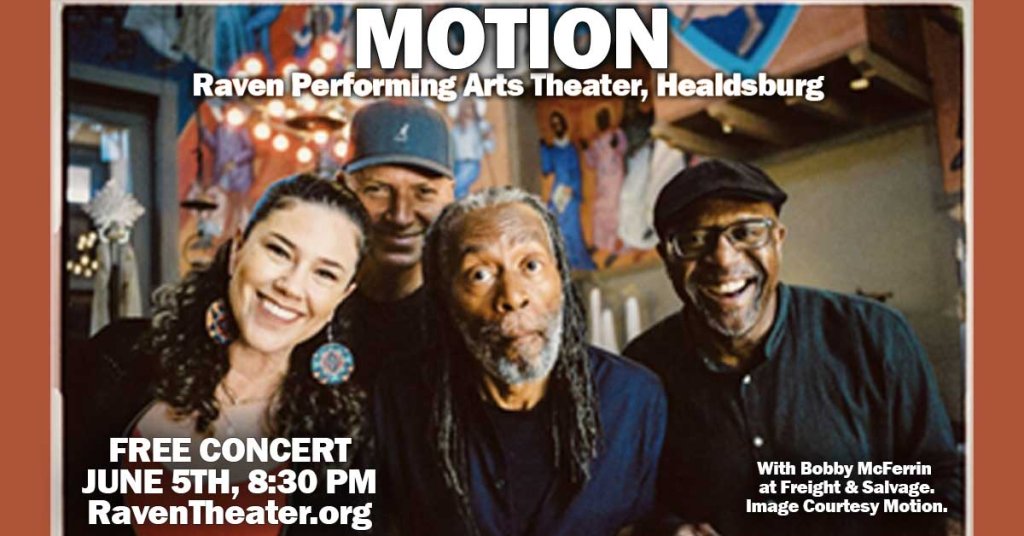 Four smiling performers pose together for a free concert at Raven Performing Arts Theater in Healdsburg in Healdsburg, California.