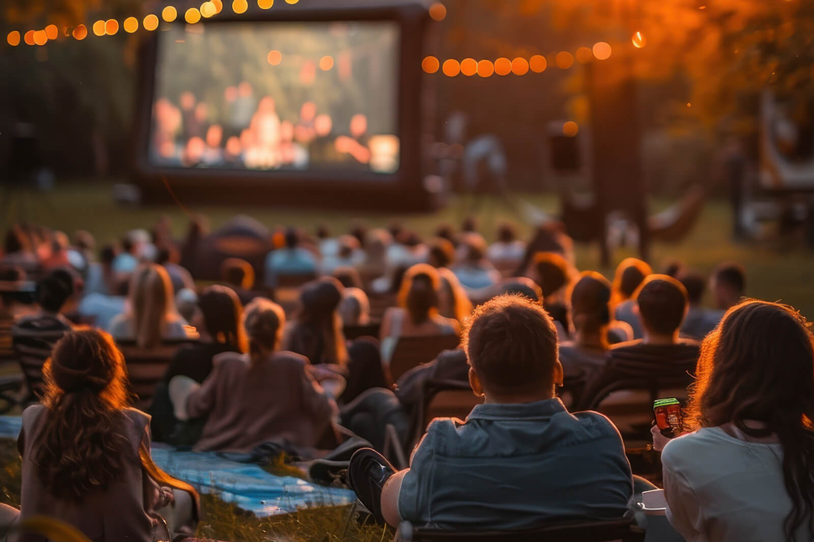 A large crowd of people enjoys an outdoor movie screening at dusk, with a glowing screen and string lights creating a cozy atmosphere in Healdsburg, California.