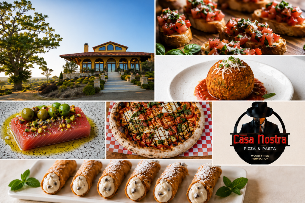 A collage showing a restaurant building, various Italian dishes, and the Casa Nostra logo in Healdsburg, California.